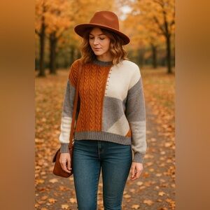 Debut Colorblock Cable Knit Oversized Sweater Orange Gray